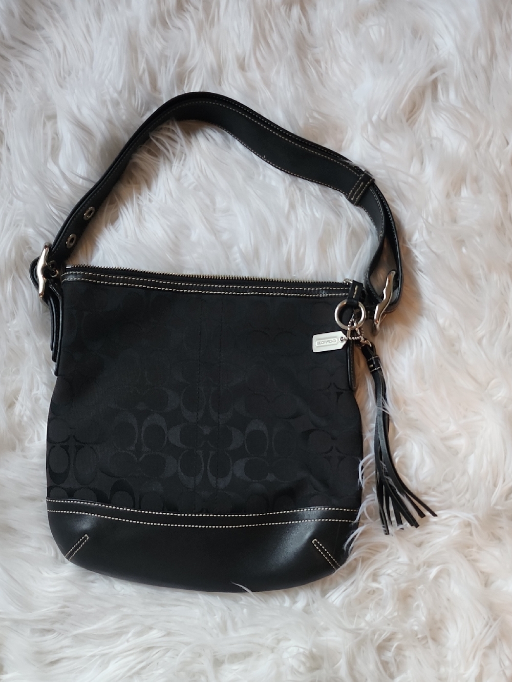 Coach Black Signature Jacquard Shoulder Bag with Tassel Charm